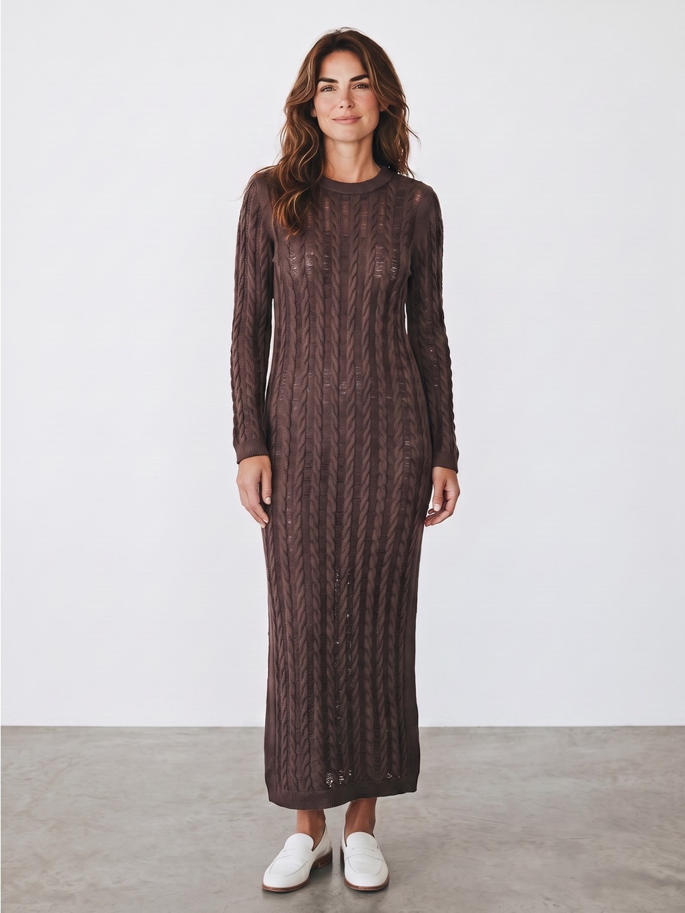 Zara Brown Cable-Knit Long-Sleeve Maxi Dress Size M